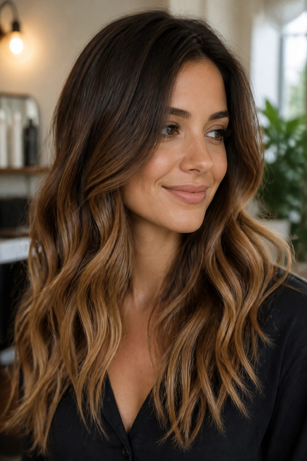 Close-up of a real woman with cocoa toffee balayage melt on brunette hair