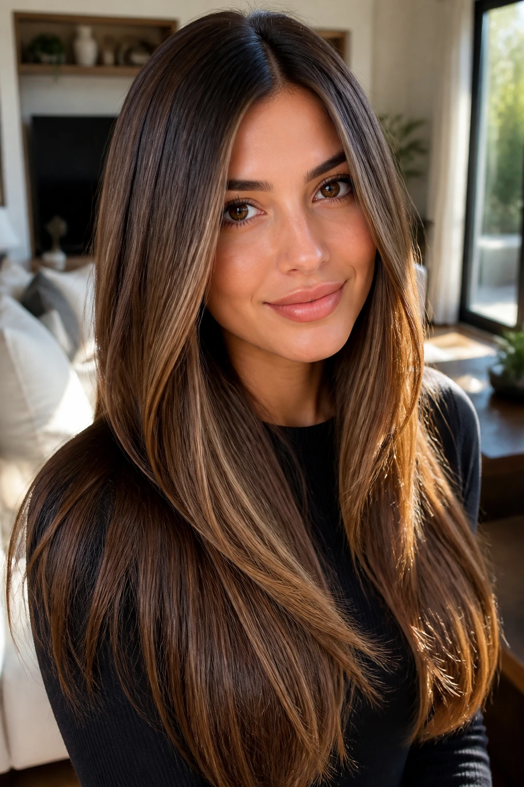 Long straight hair with cocoa toffee gradient and visible layers on a real person