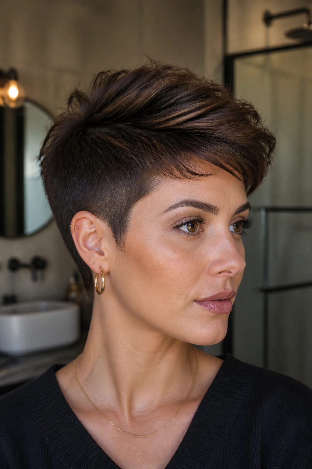 Close-up portrait of a real woman with cocoa undercut pixie in warm light