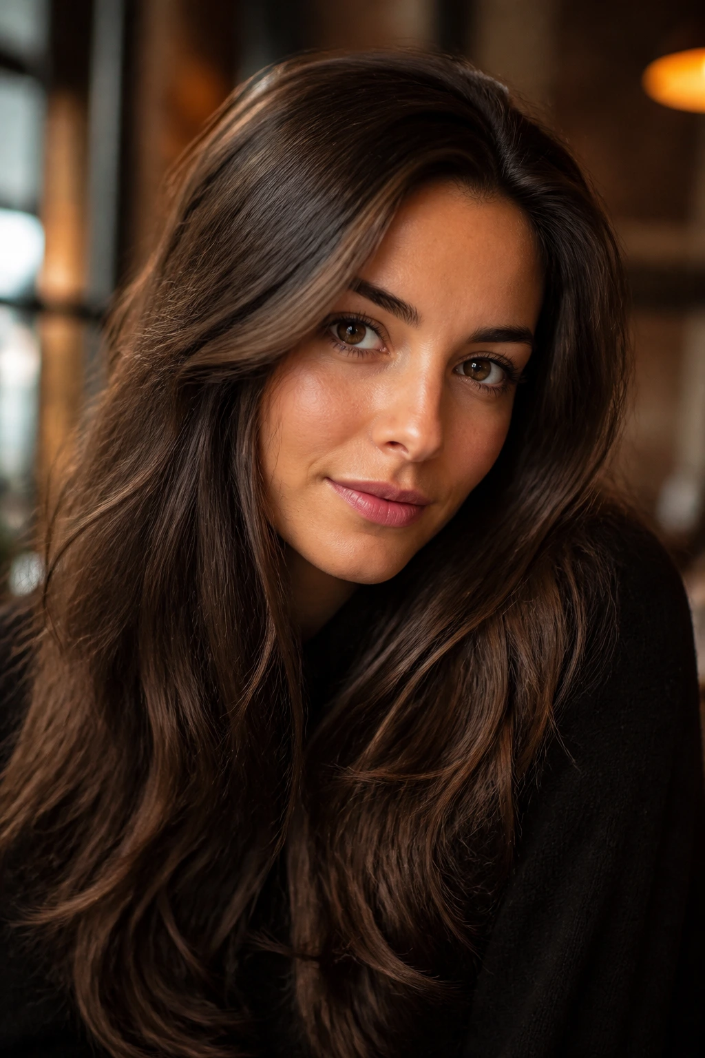 Close-up of a real woman with cocoa velvet brunette hair showing rich warm tones and glossy finish.