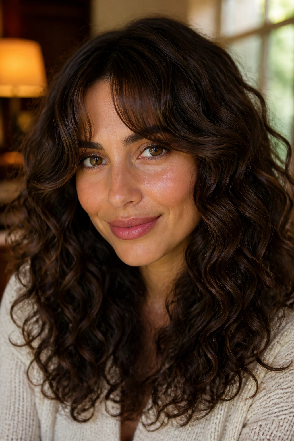 Close-up of a real woman with coffee bean brown hair and curtain bangs