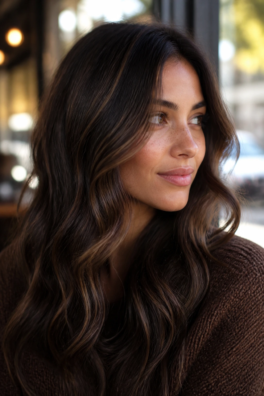Close-up of a real woman with coffee bean brunette and babylights