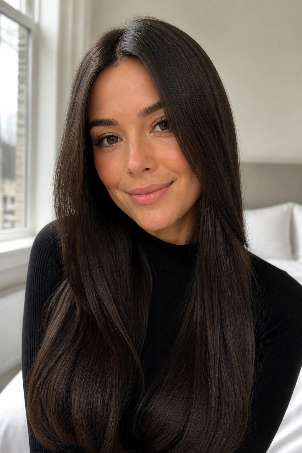 Close-up portrait of a real woman with coffee bean brunette hair in natural light