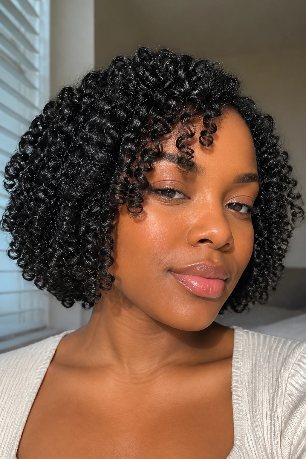 Close-up of a jaw-length coil bob curling inward at the ends on a real person.