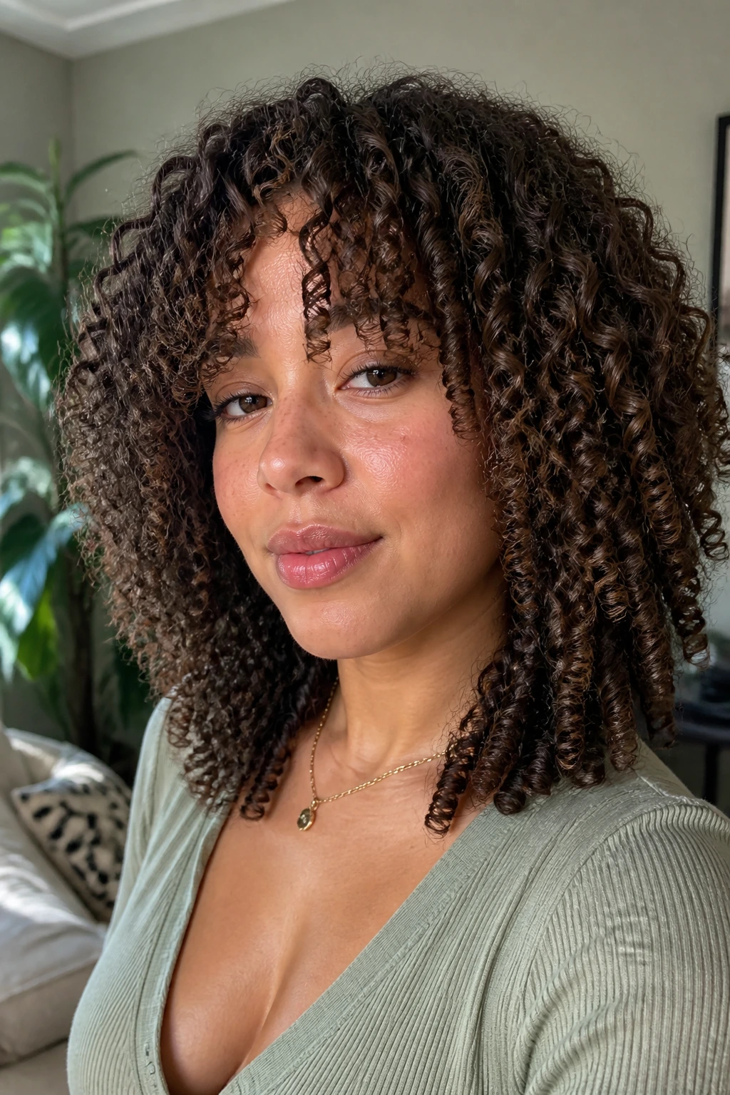 Portrait of a real woman with coil-crowned curtain shag hairstyle in a cozy living room