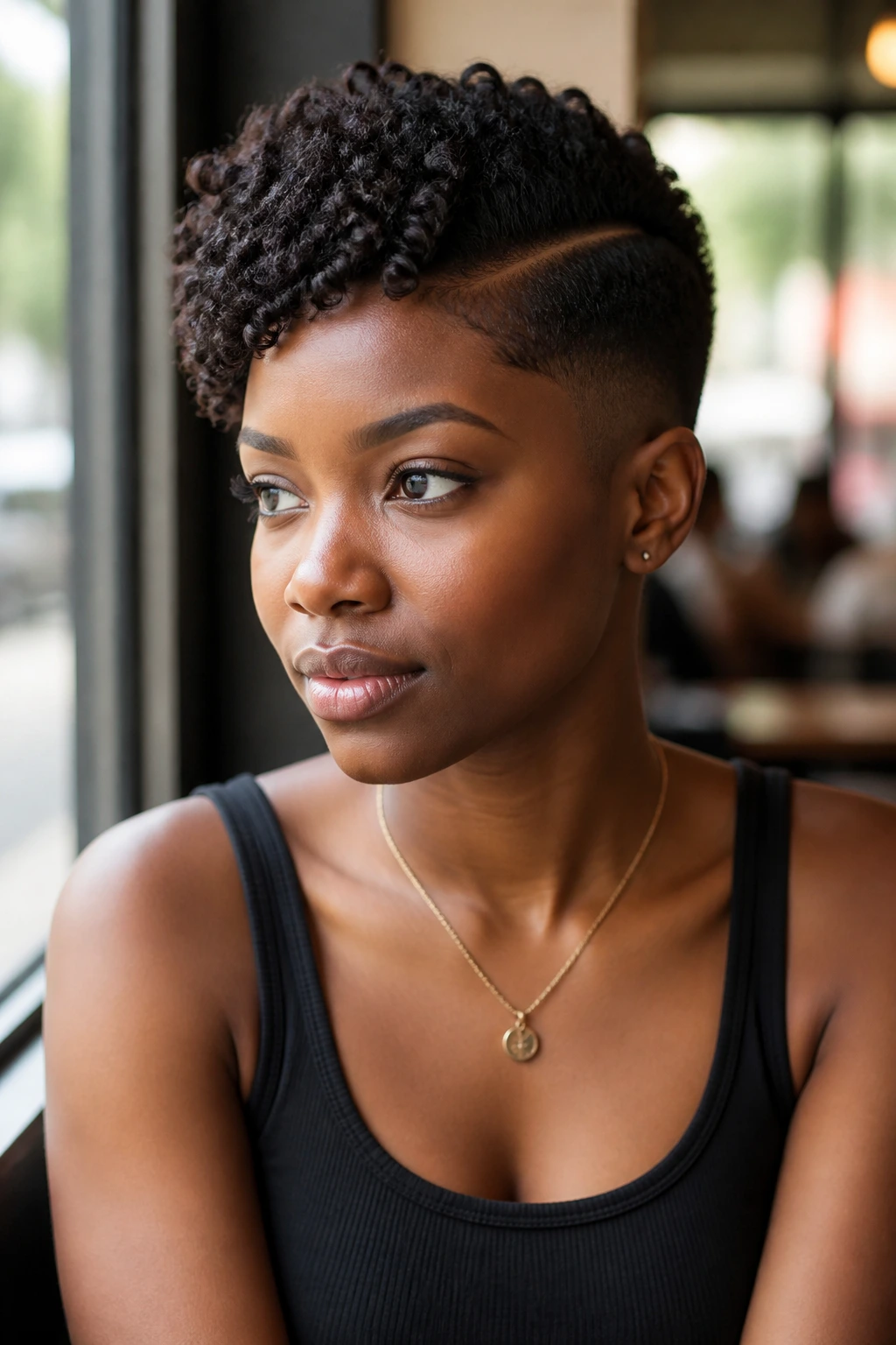Medium close-up of a person with Side-Part Coil High Top Fade in cafe light.