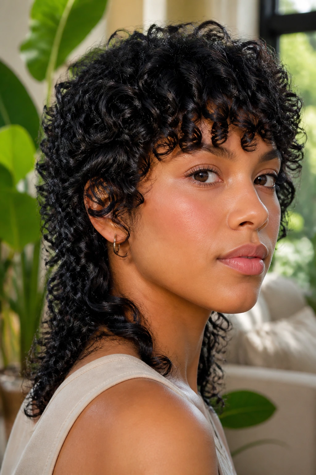 Close-up of a real woman with coil-defined mullet showing curl clumps