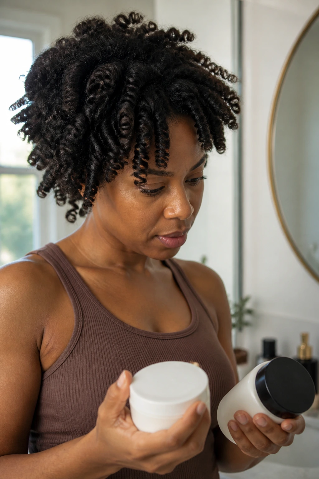 Real person examining unlabeled hair products near coils for definition