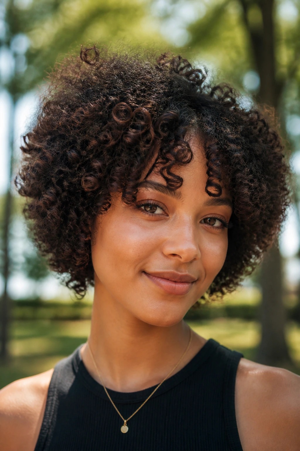Medium close-up portrait of a real person with coil-friendly shag showing defined curls