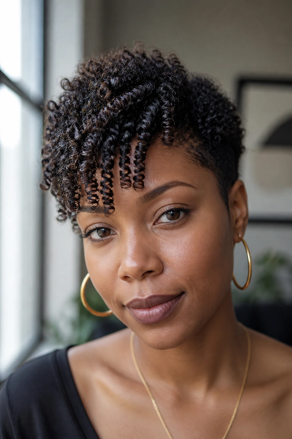 Close-up of a Black woman with a soft side-swept coil fringe framing her eye