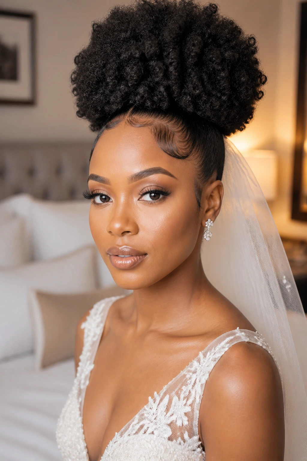 Close-up of real bride with natural coil puff and sculpted edges