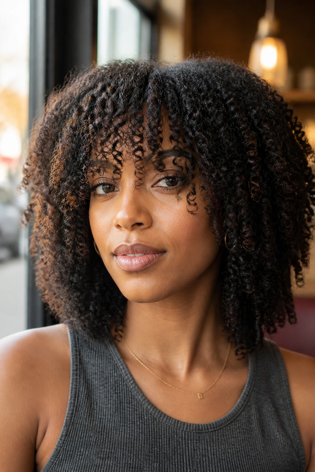 Real Black woman with shoulder-grazing coil shag