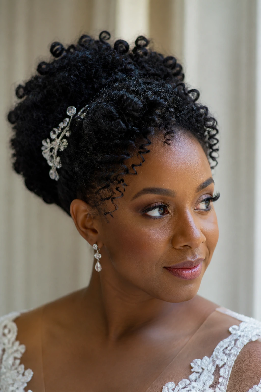 Close-up of a bride with natural coil updo and defined front