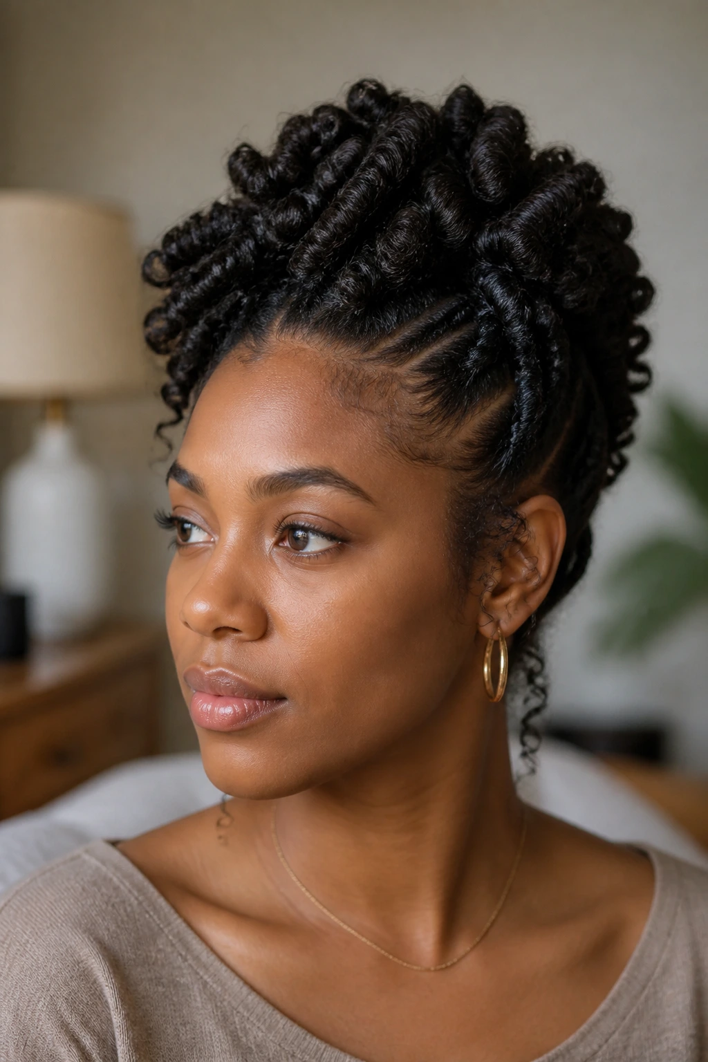 Portrait of a woman with a low-tension coil updo
