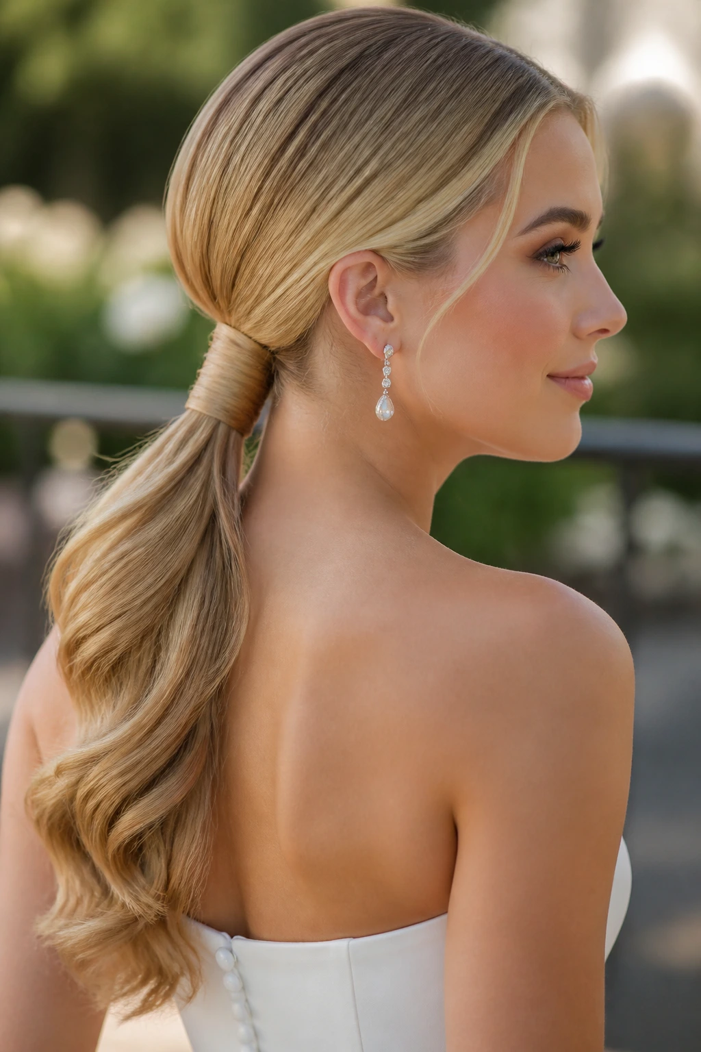 Close-up of a real bride with a Coil-Wrapped Low Ponytail showing a sculpted coil at the nape