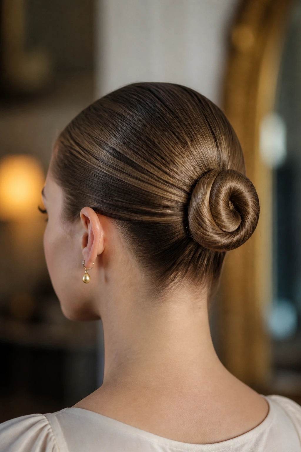 Close-up portrait of a woman with a coiled ballet bun at the back