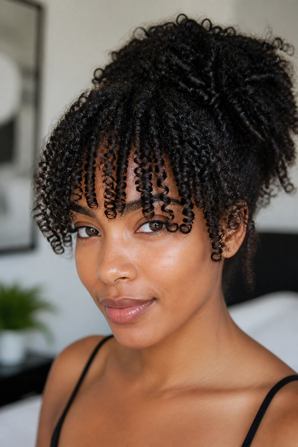 Portrait of a person with coiled bangs framing the eyes.