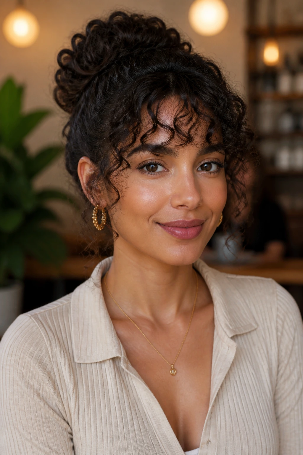 Close-up of a woman with a coiled bun and curly fringe in a cafe