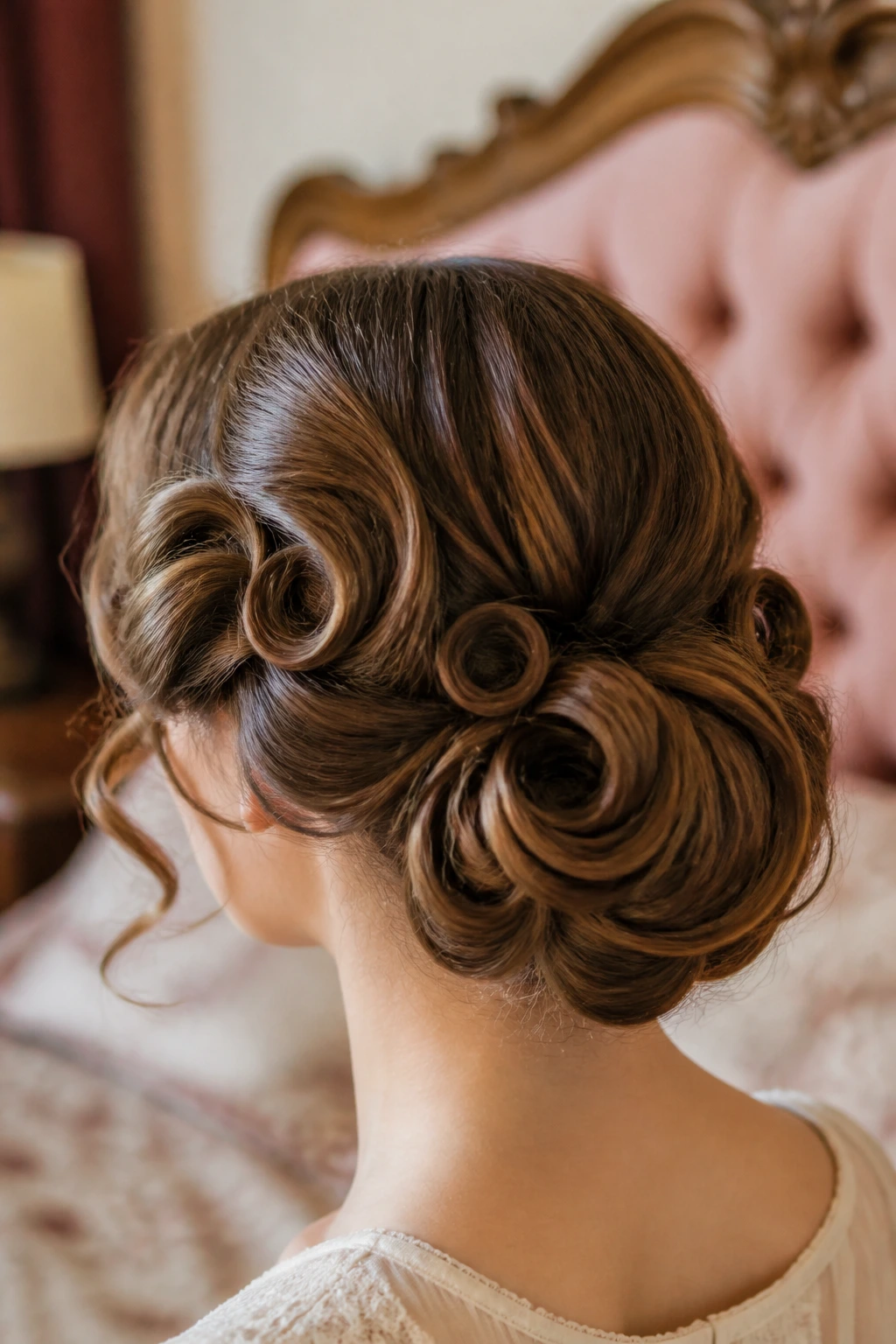 Close-up of a real woman's coiled bun with pin curls as the focal hairstyle