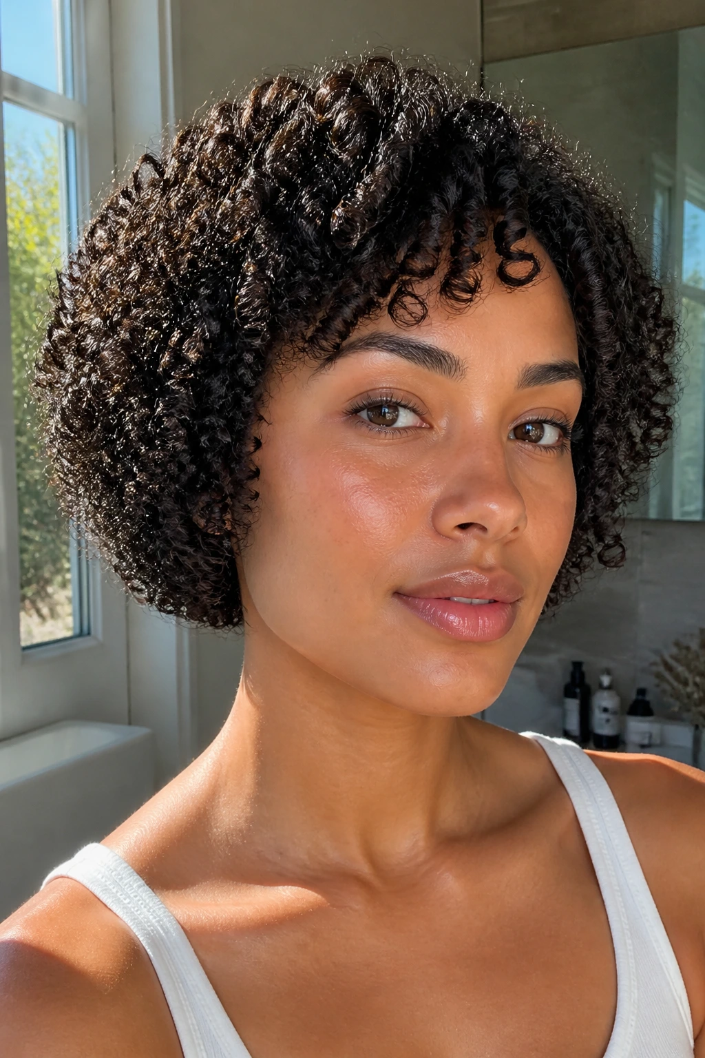 Close-up of a real person with a cropped coil bob showing defined coils and rounded silhouette