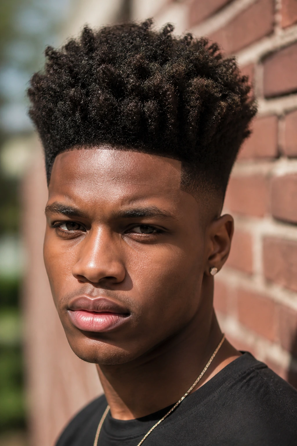 Close-up of a real man with a coiled high top in an urban setting