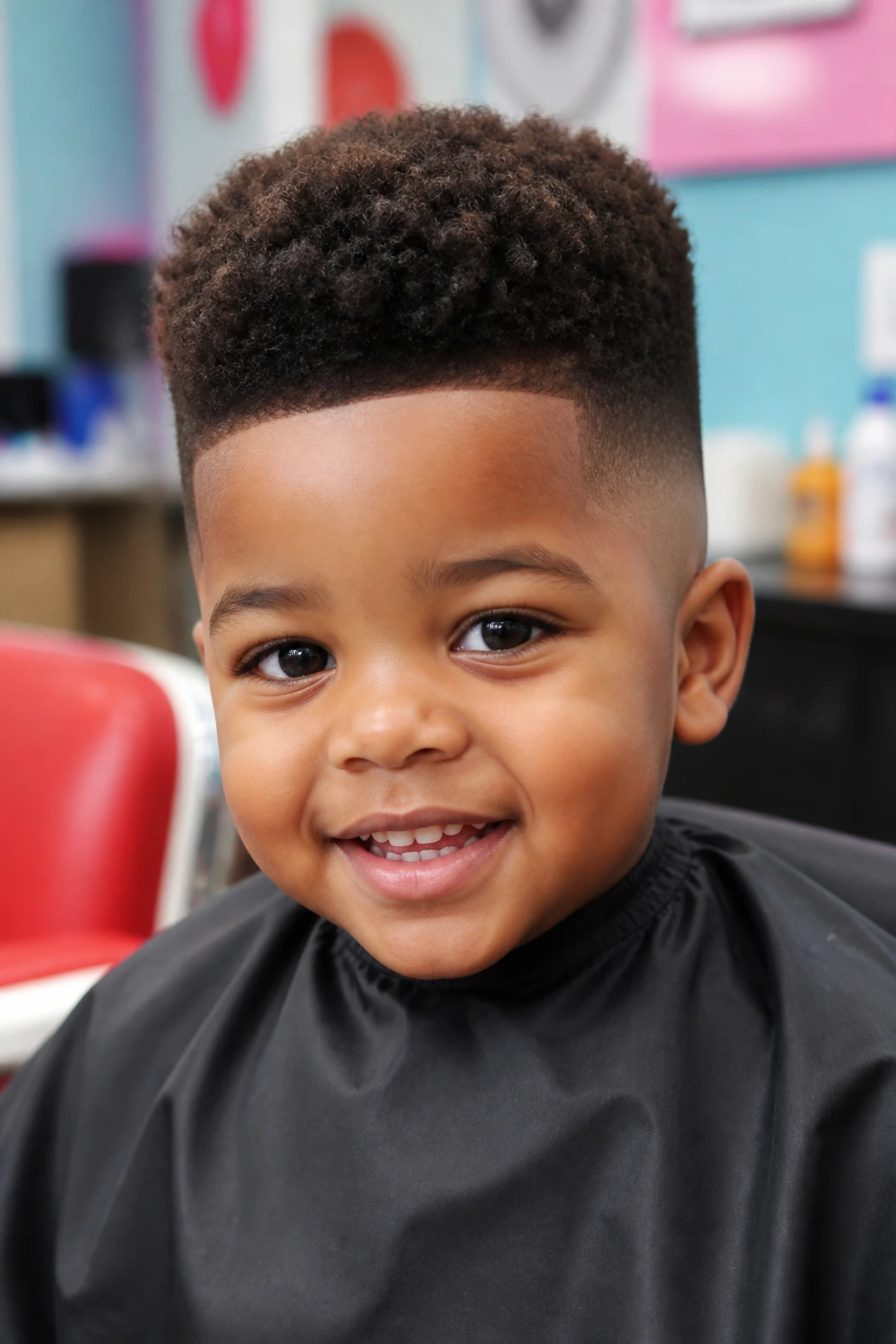 Toddler with a coiled high top and clean tapered sides in a barbershop