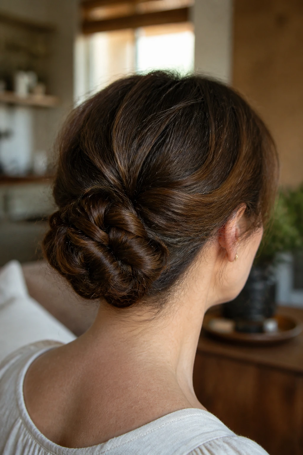 Back of head close-up featuring a coiled nape knot with multiple coils