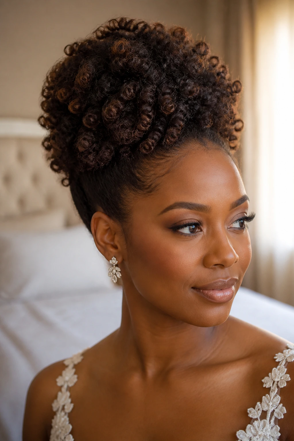 Close-up of real bride with coiled natural hair updo showing curl texture