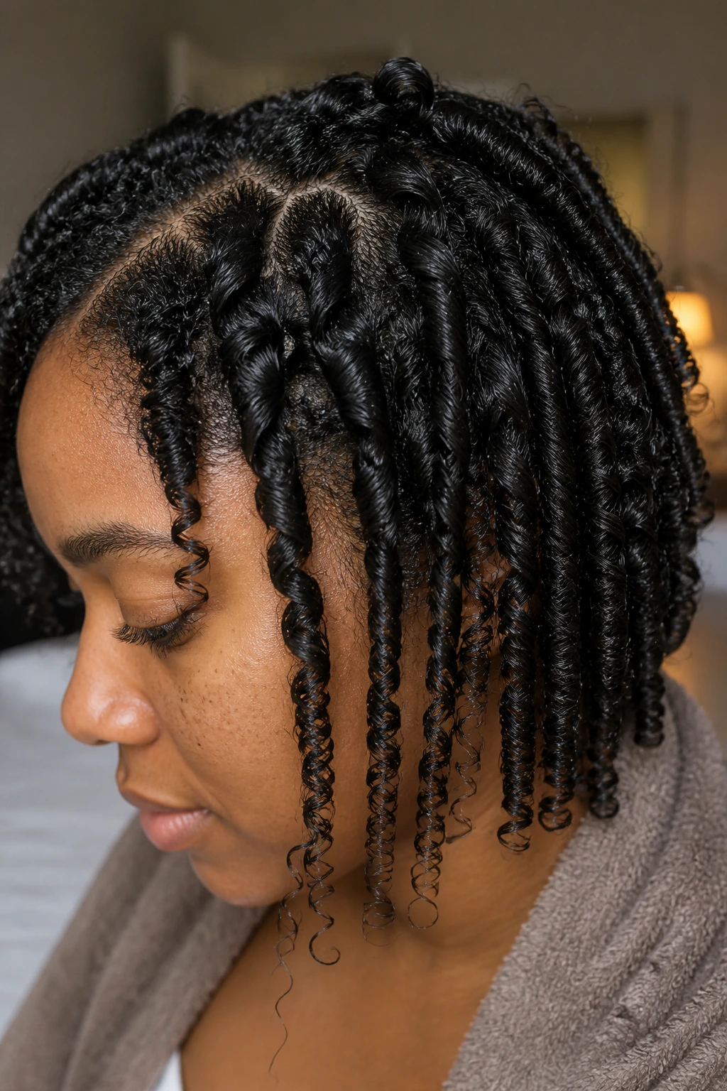 Close-up of real woman's damp natural hair with defined coils in a bedroom setting
