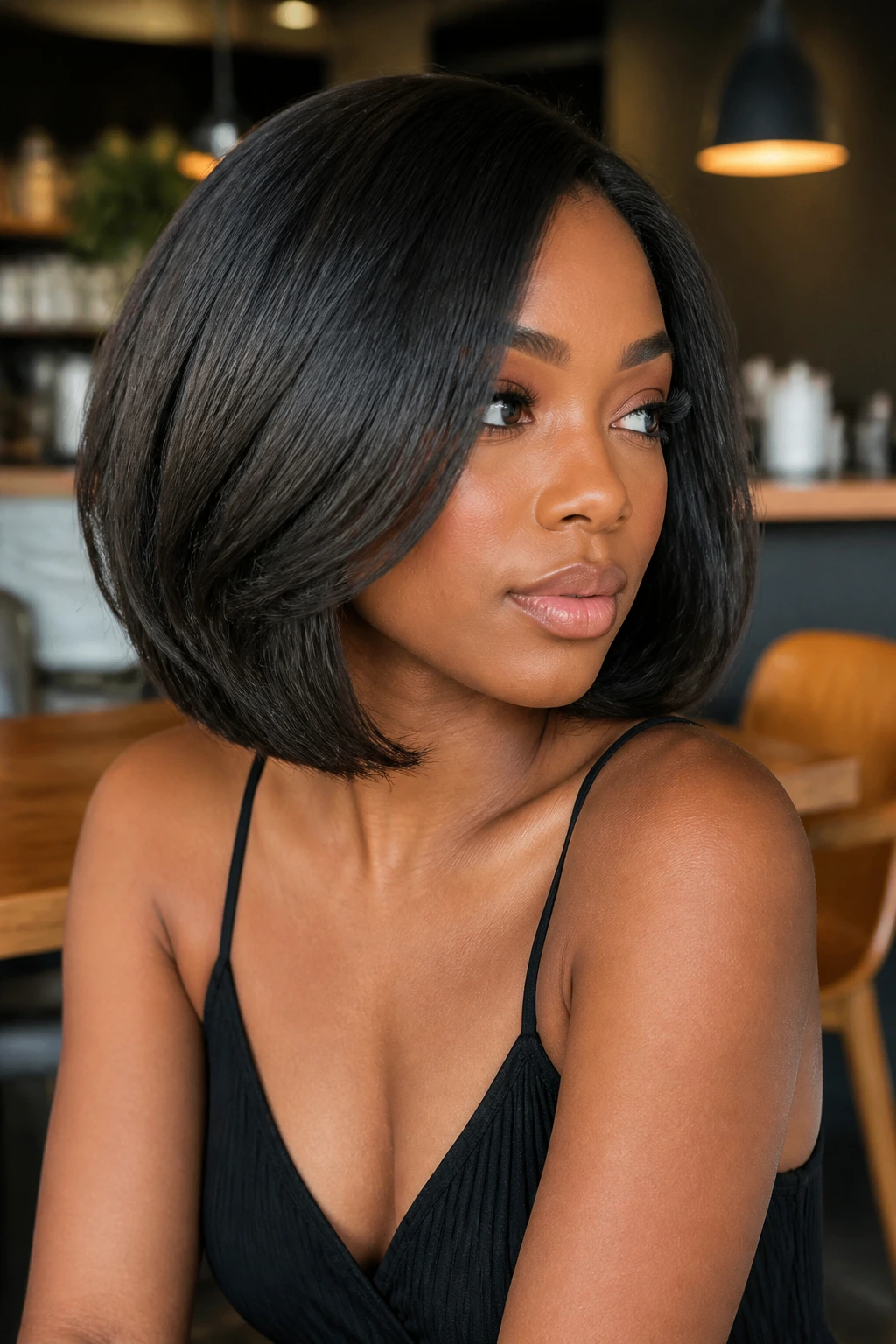 Close-up of a real Black woman with a polished bob on coils and curls
