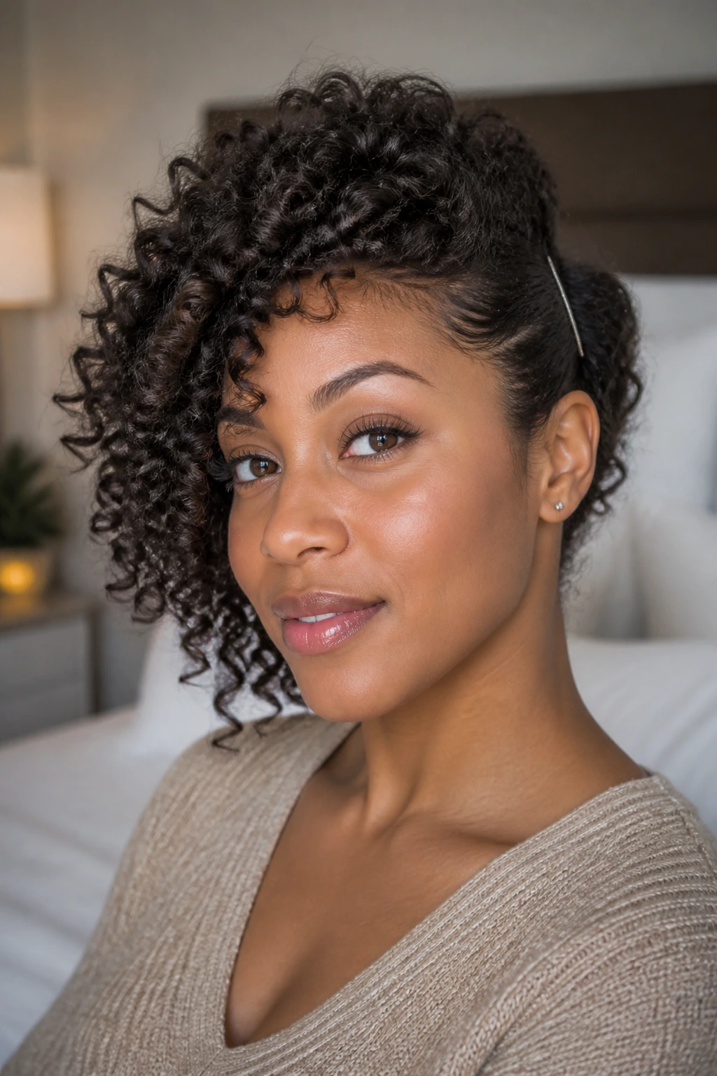 Close-up of a real woman with defined coils pinned to one side, cheek cleared