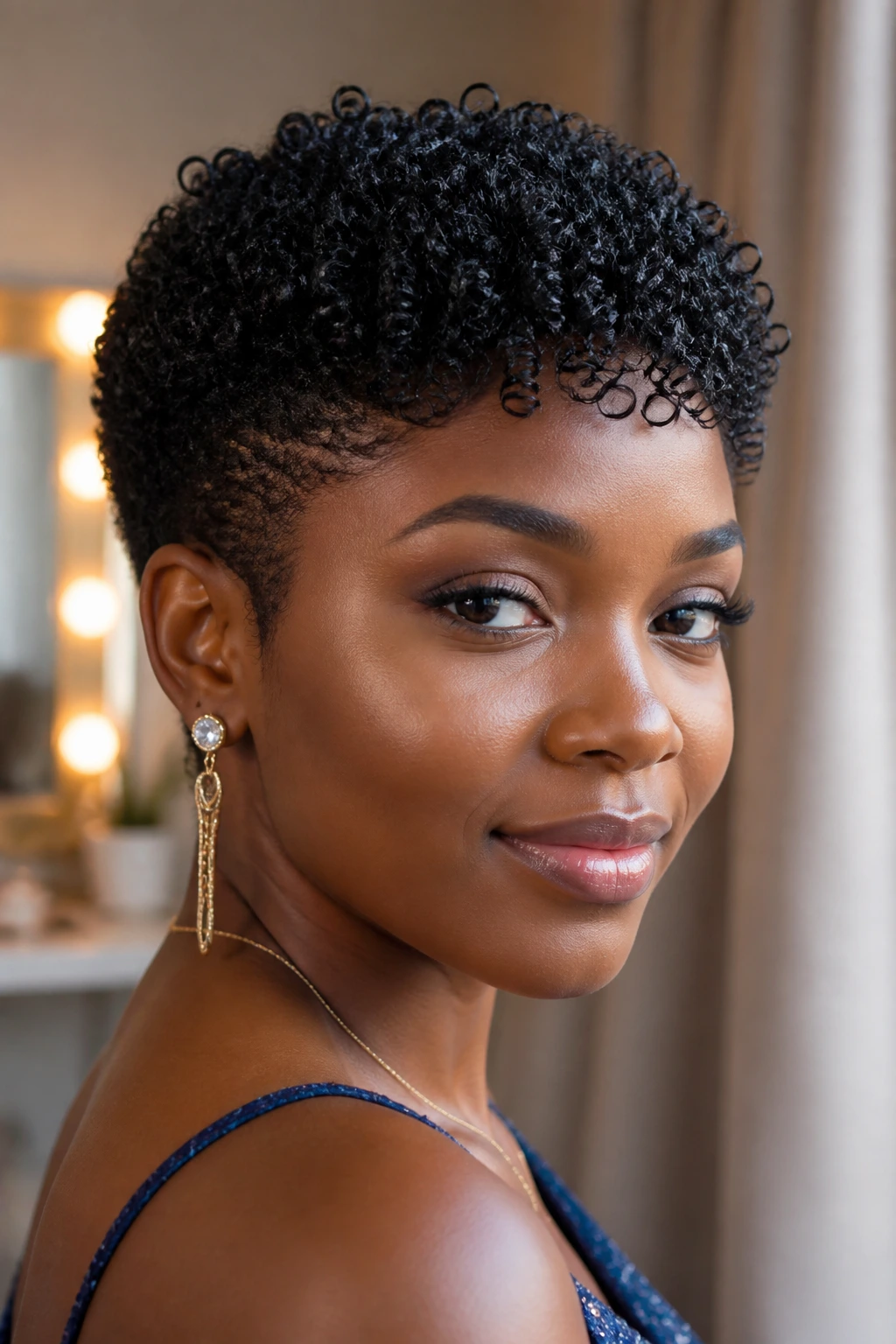 Close-up of a real woman with defined tapered coils in warm dressing-room lighting