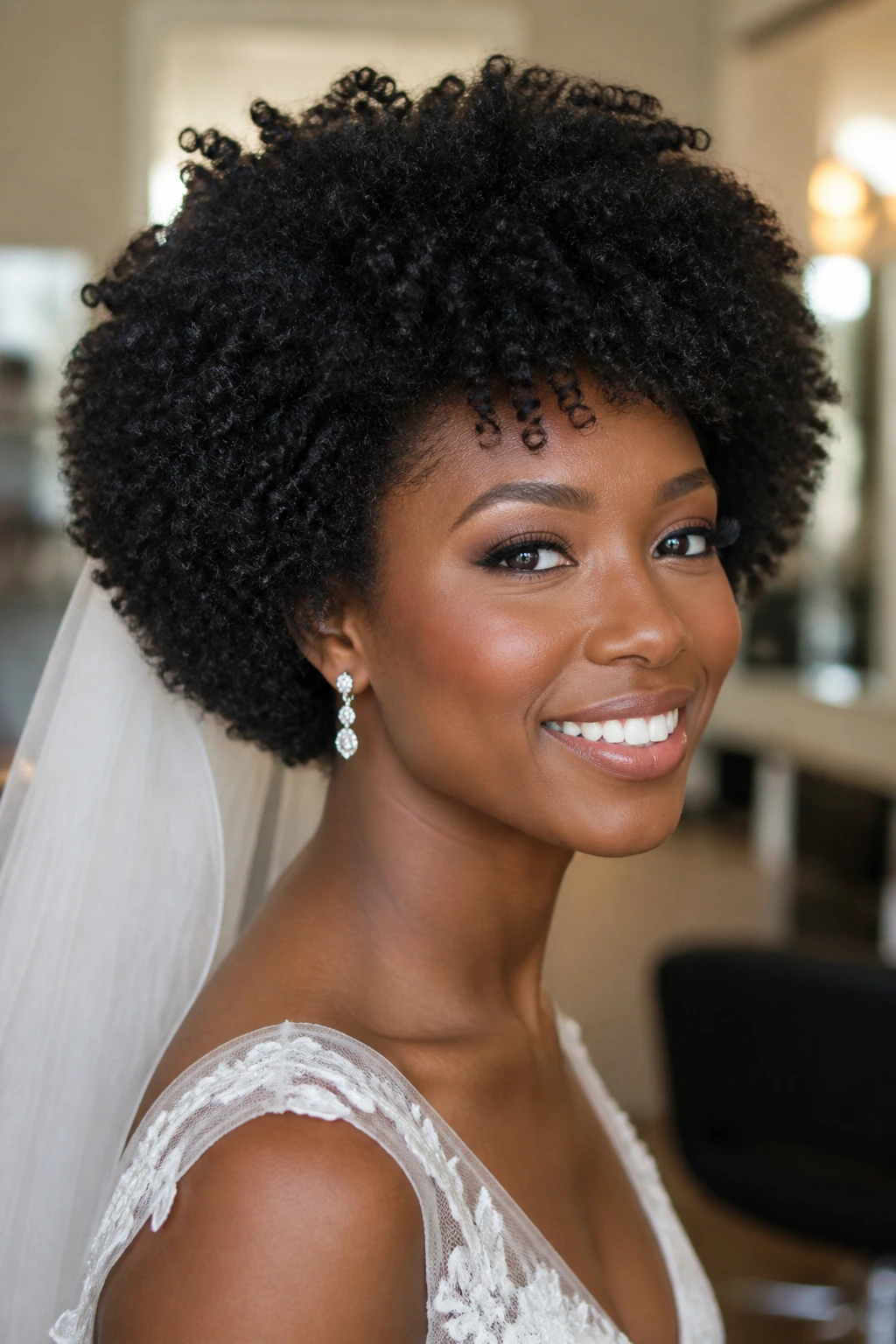 Bride with rounded cut for coils forming halo around head.