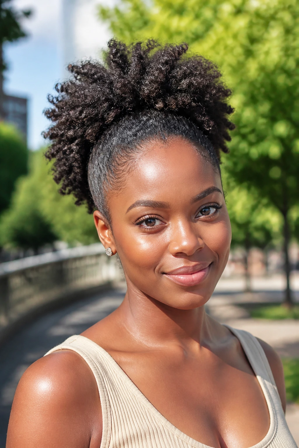 Close-up of a coily afro puff with defined coils.