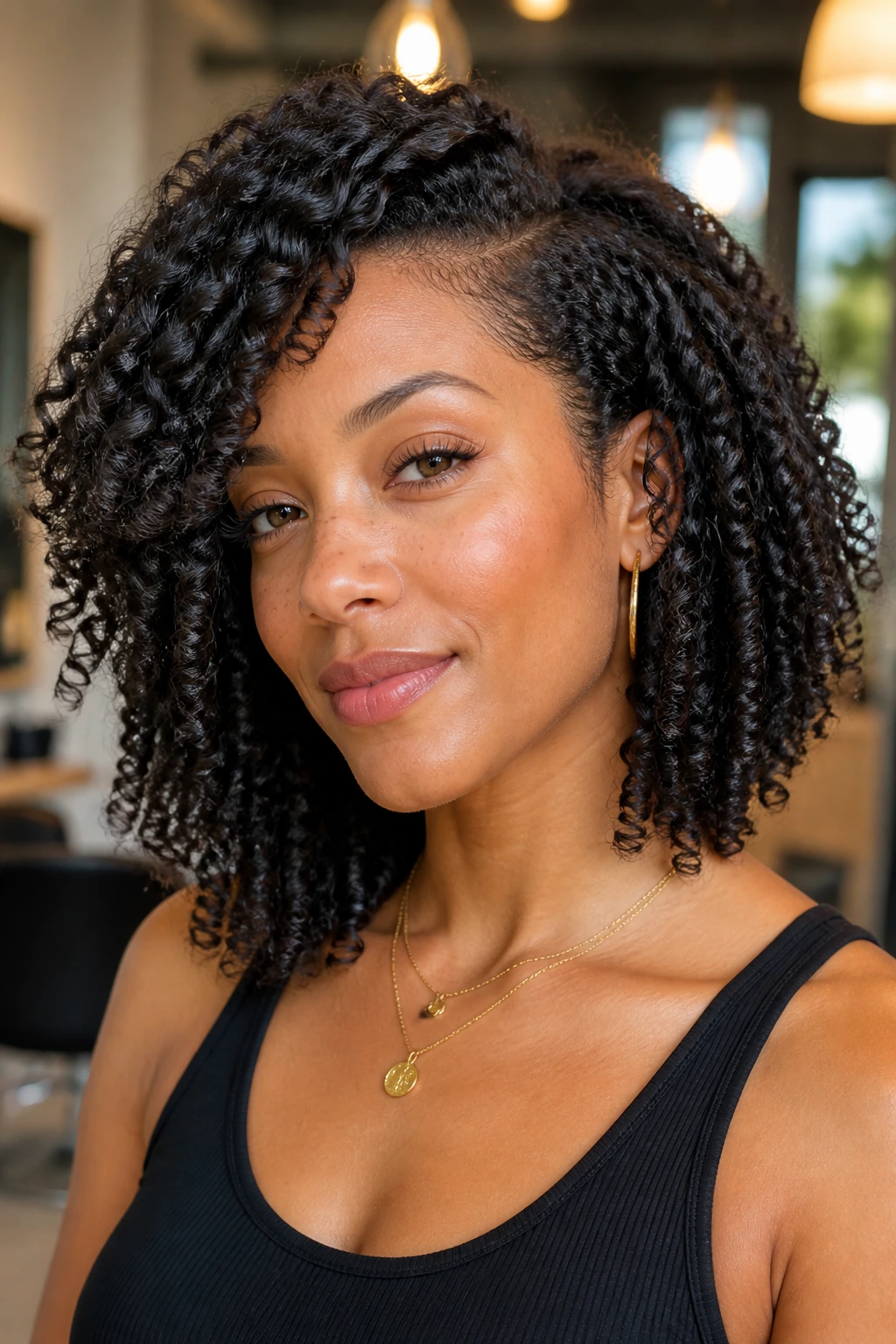 Portrait of a real person with a coily angled lob showing defined coils and a gentle angle.