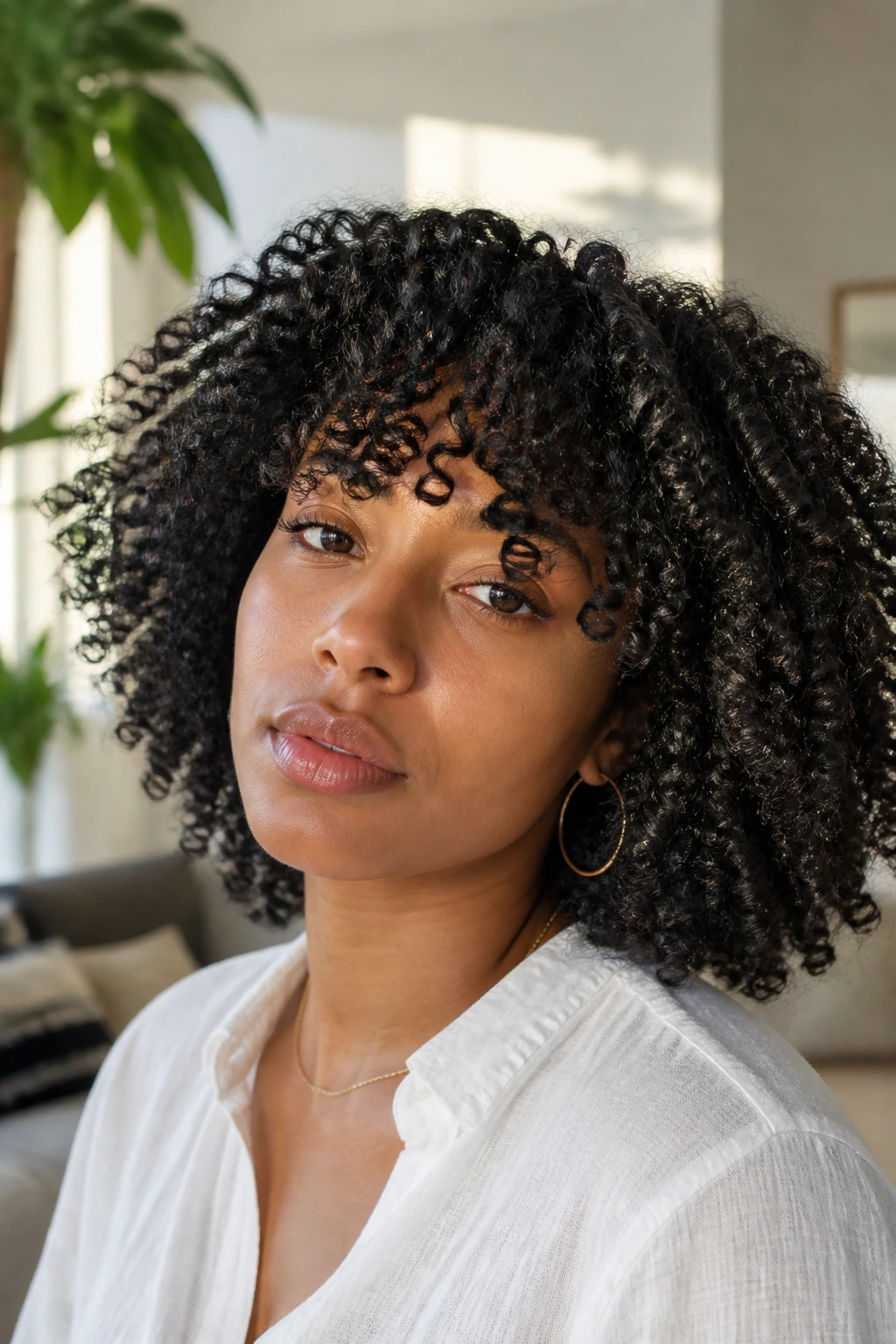 Close-up of a real woman with coily bangs shaping around the forehead