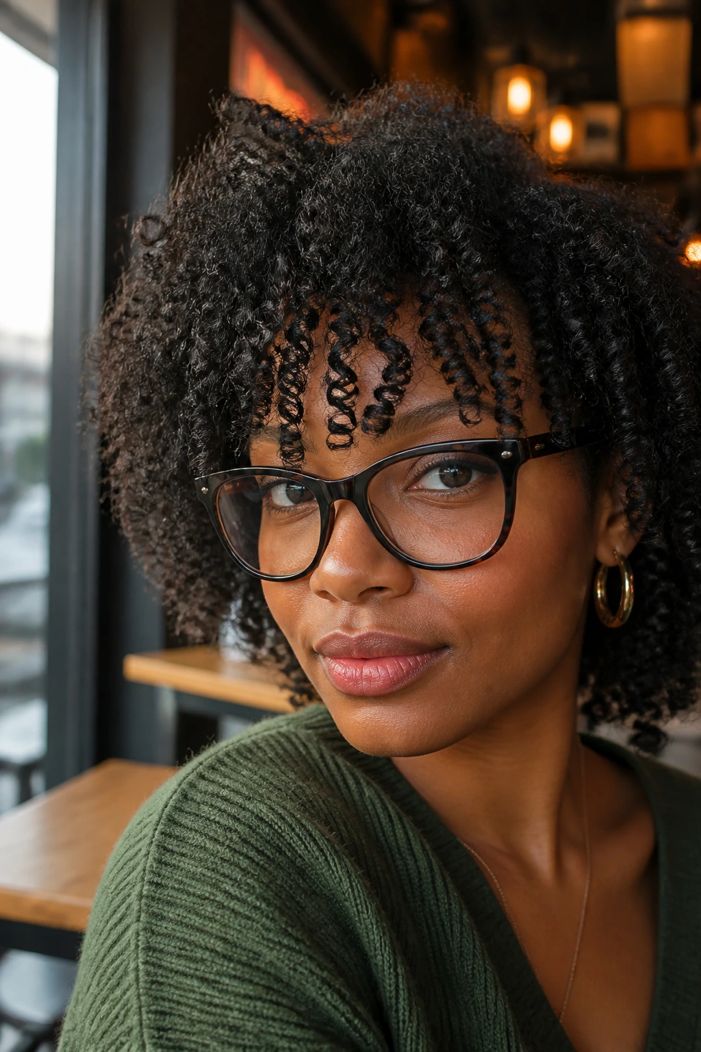 Close-up of a real woman with coily bangs and bold glasses in cafe lighting