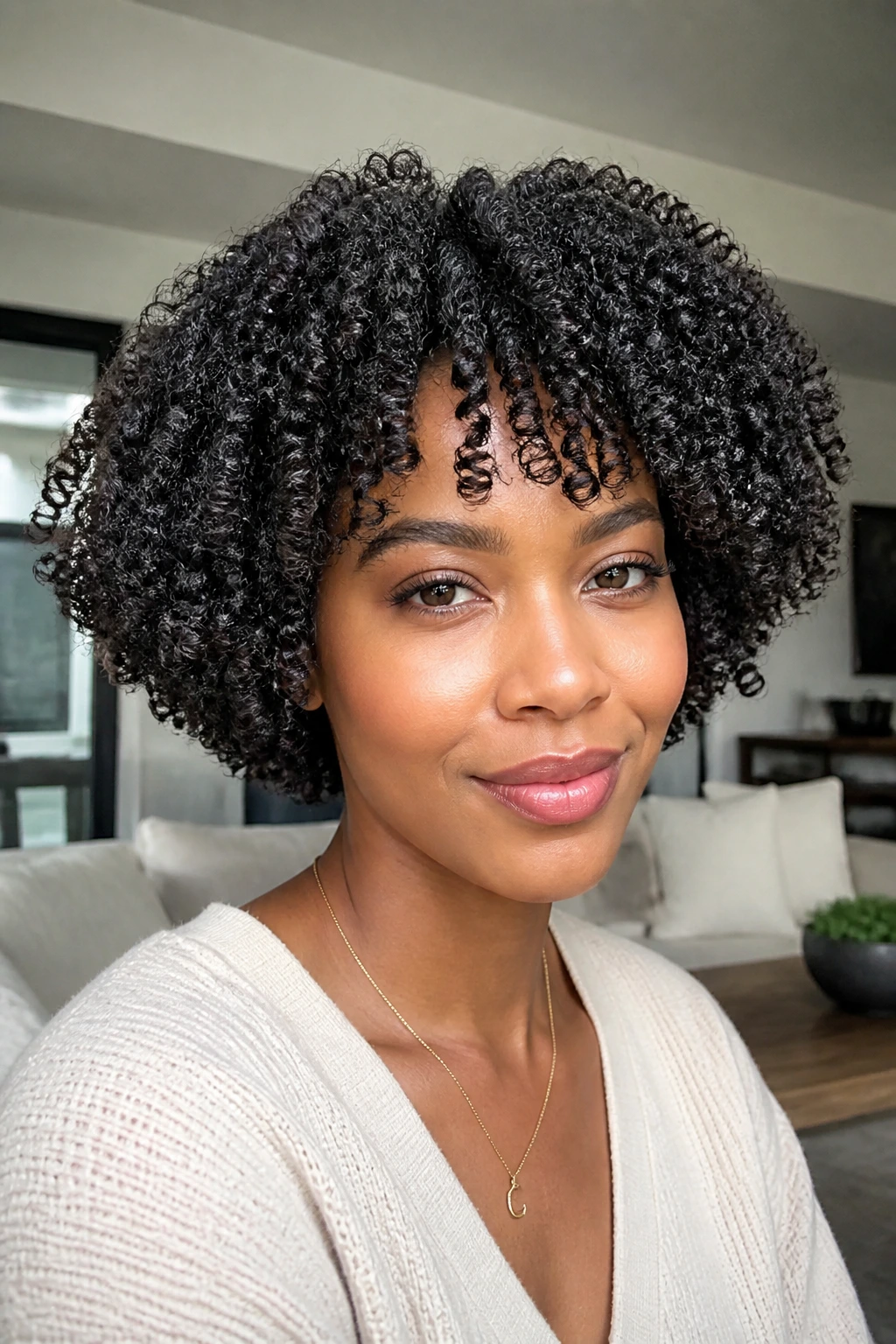 Close-up portrait of a real woman with a coily bob sculpted into a rounded silhouette