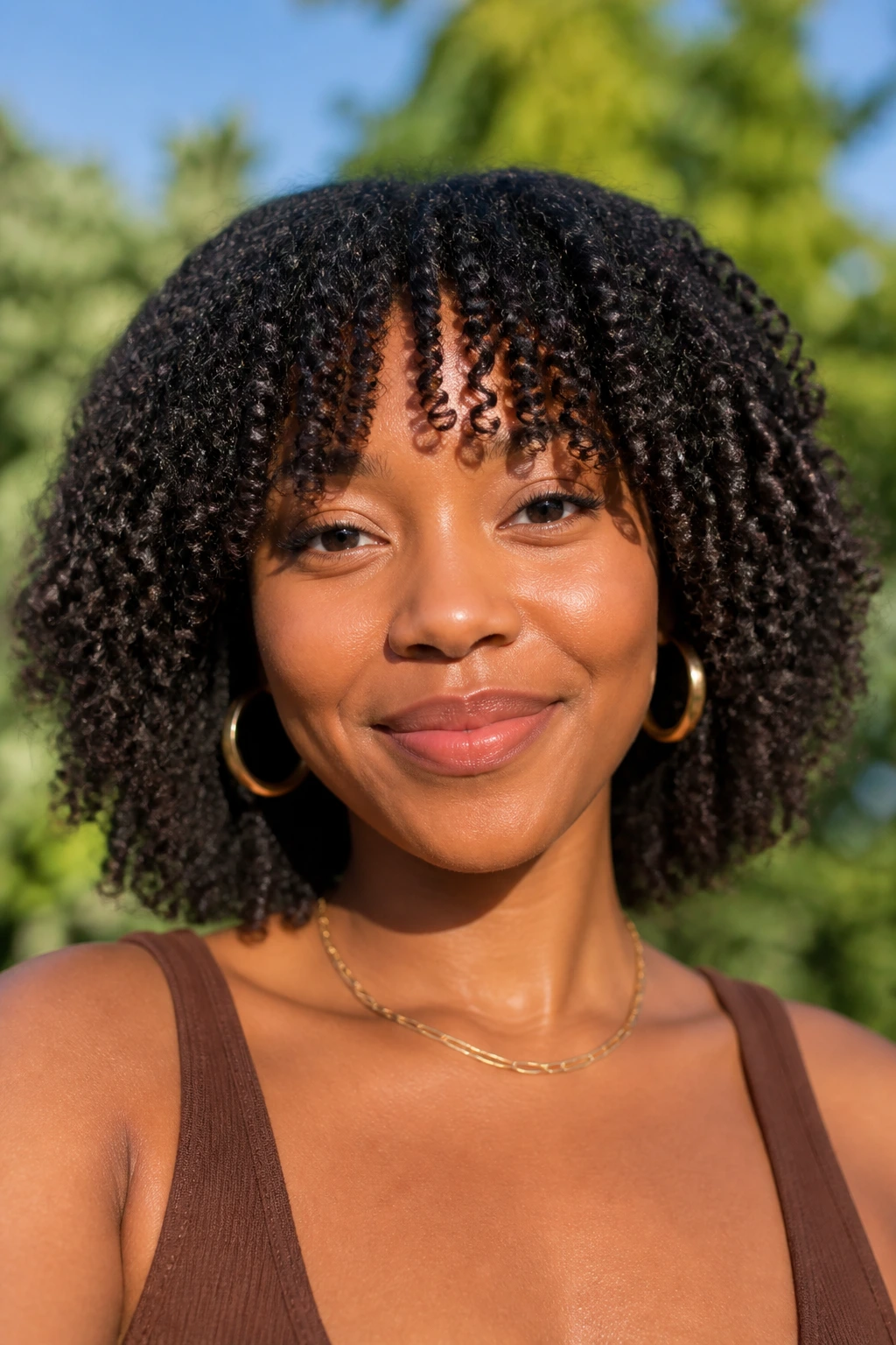 Close-up of a person with coily bottleneck bangs showing texture