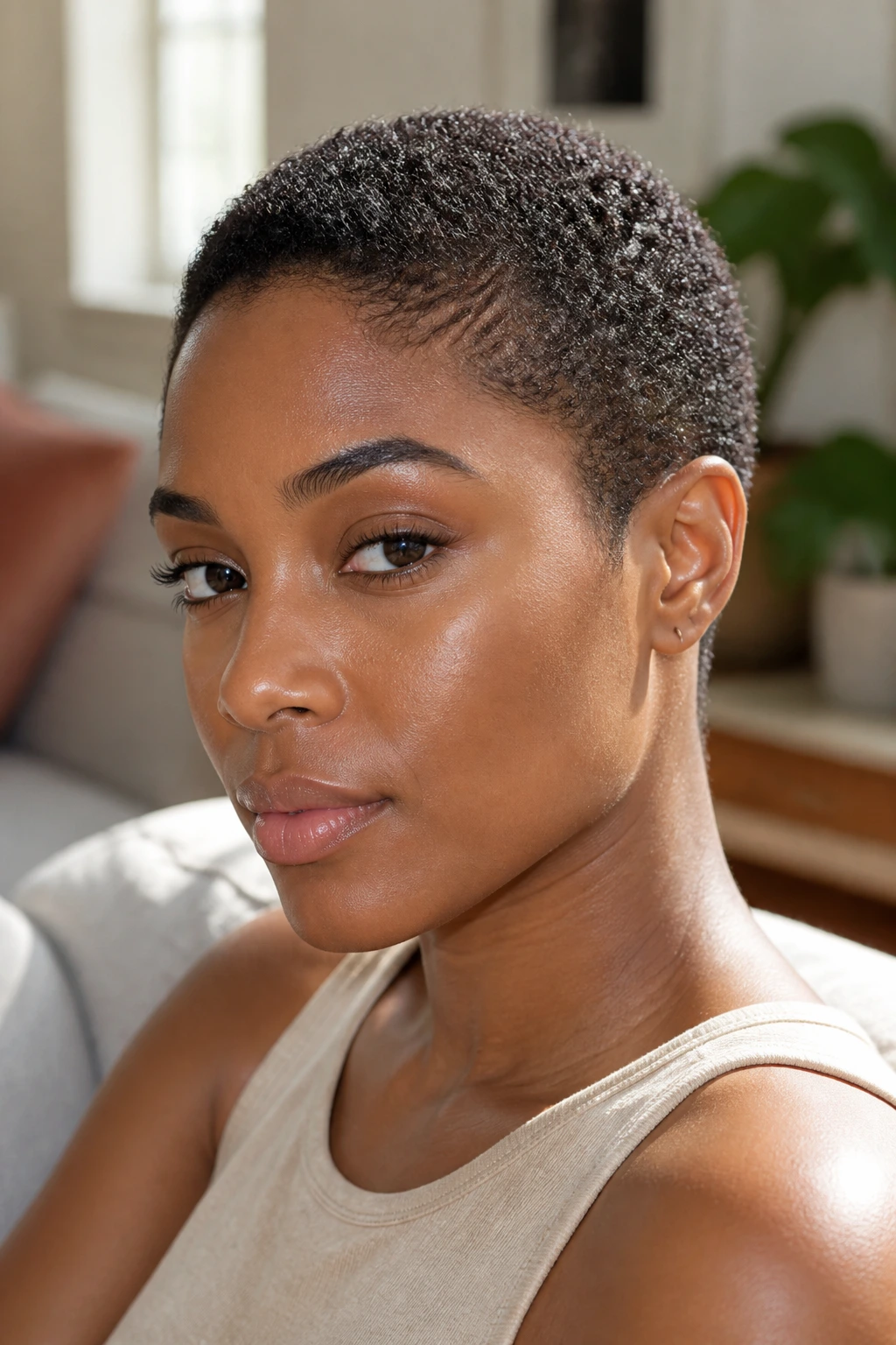 Close-up of a real person with a coily TWA buzz cut showing textured coils and defined hairline