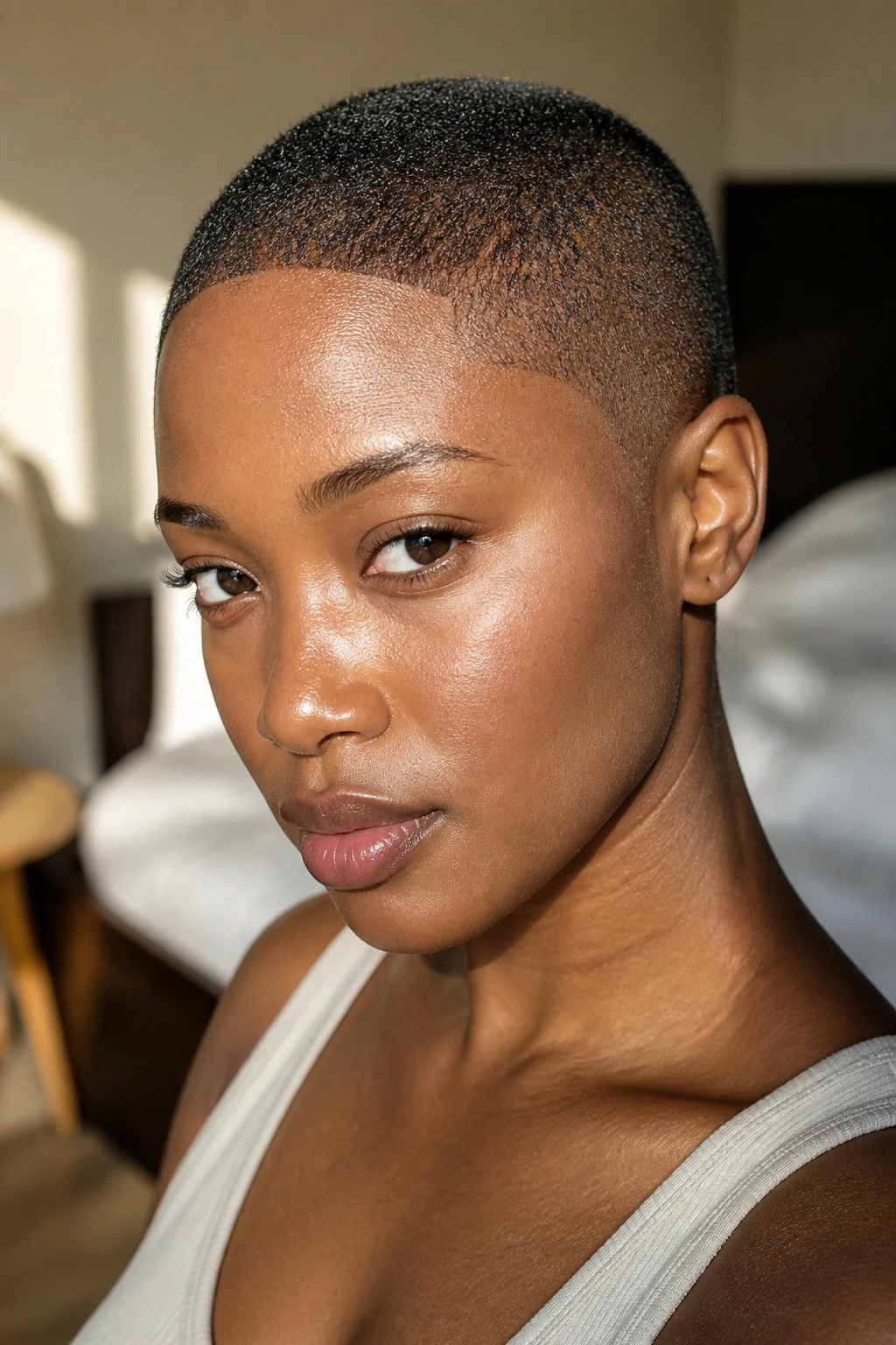 Close-up of a real woman with a coily ultra-close buzz cut (#1-#2), coils visible and scalp moisturized