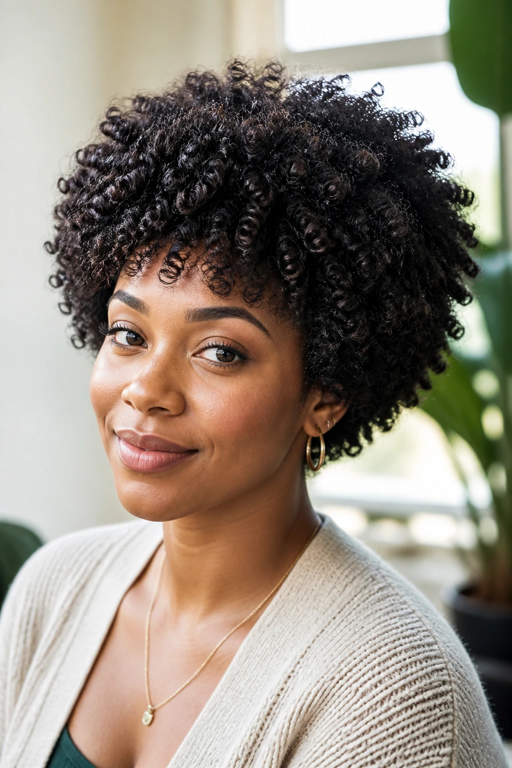 Close-up of real person with Coily Cloud Cut hairstyle
