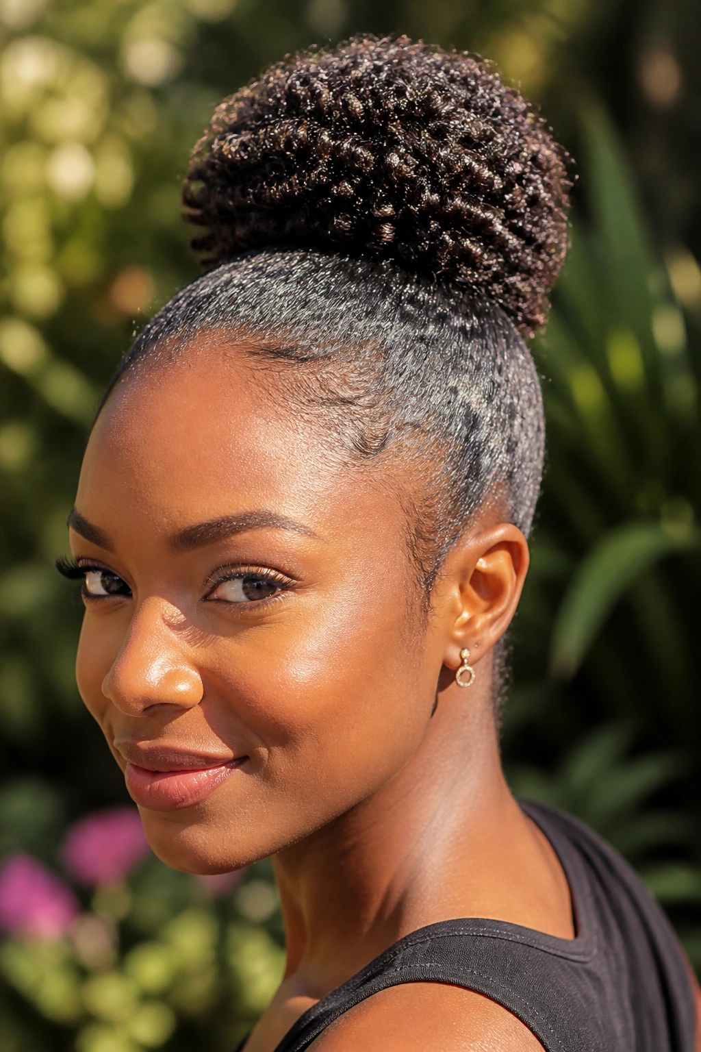 Close-up of a real woman with a coil-smoothed bun on coily hair