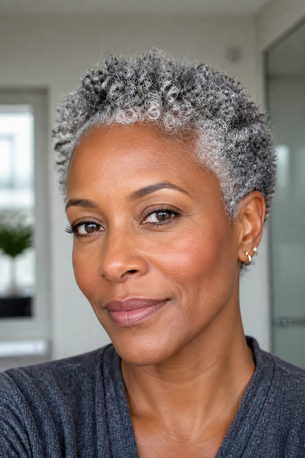 Close-up of a real older woman with wash-and-go coily crop showing defined gray curls.