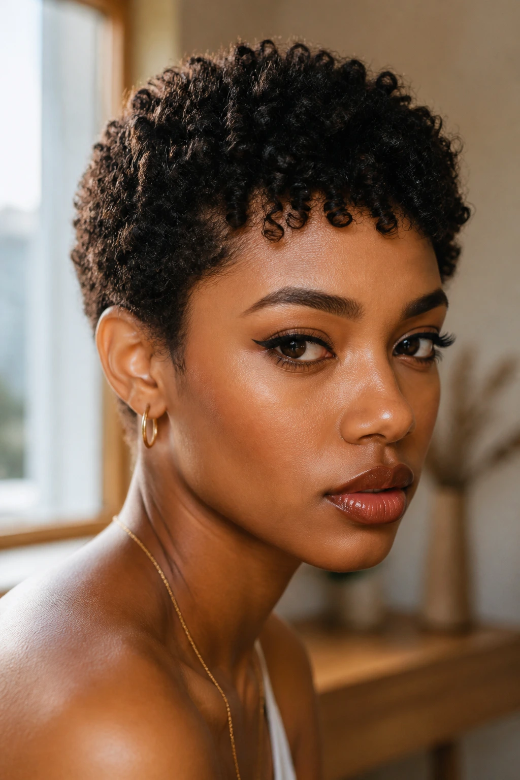 Close-up of a Black woman with micro bangs and tight coils in warm light