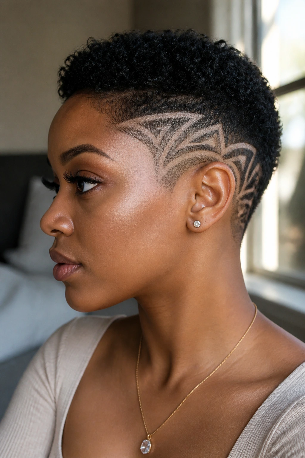 Close-up of a real person with a short coily crop and abstract tribal lines on the side