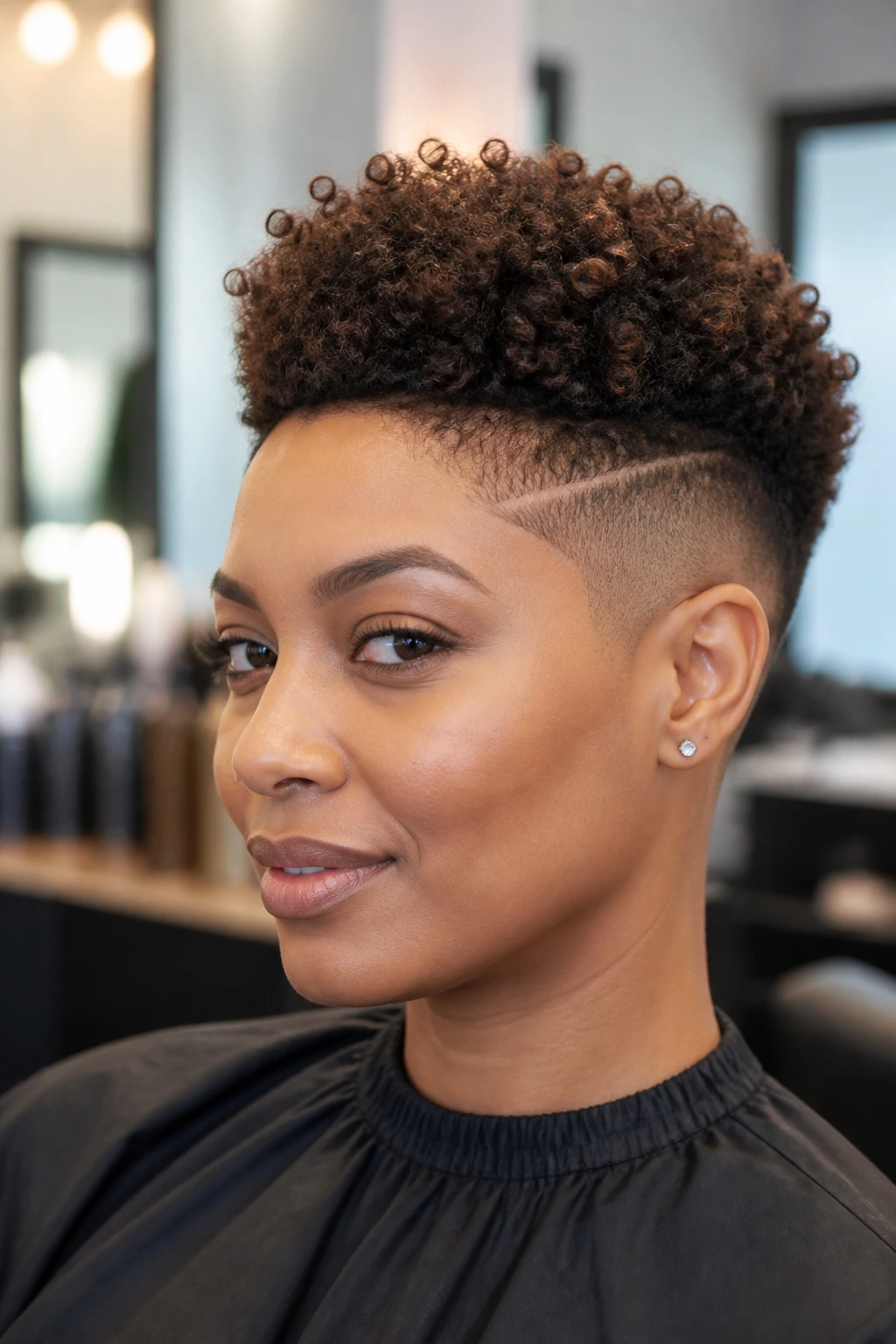 Close-up portrait of a real woman with coily crown and side fade