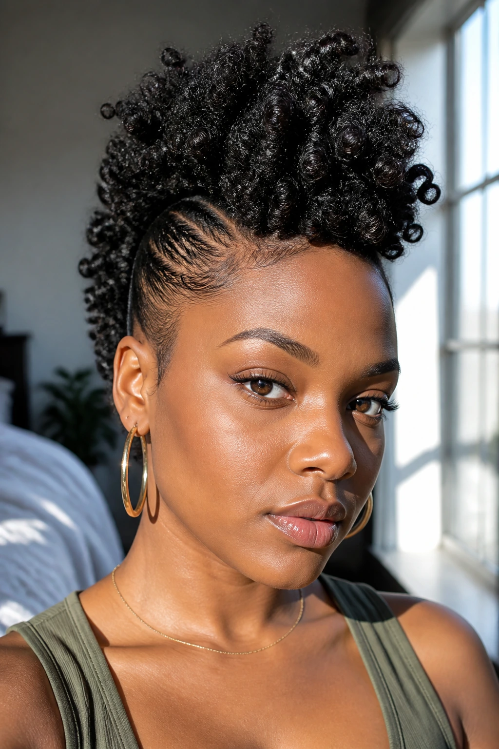 Close-up of a real woman's coily crown fauxhawk with fluffy center and smooth sides