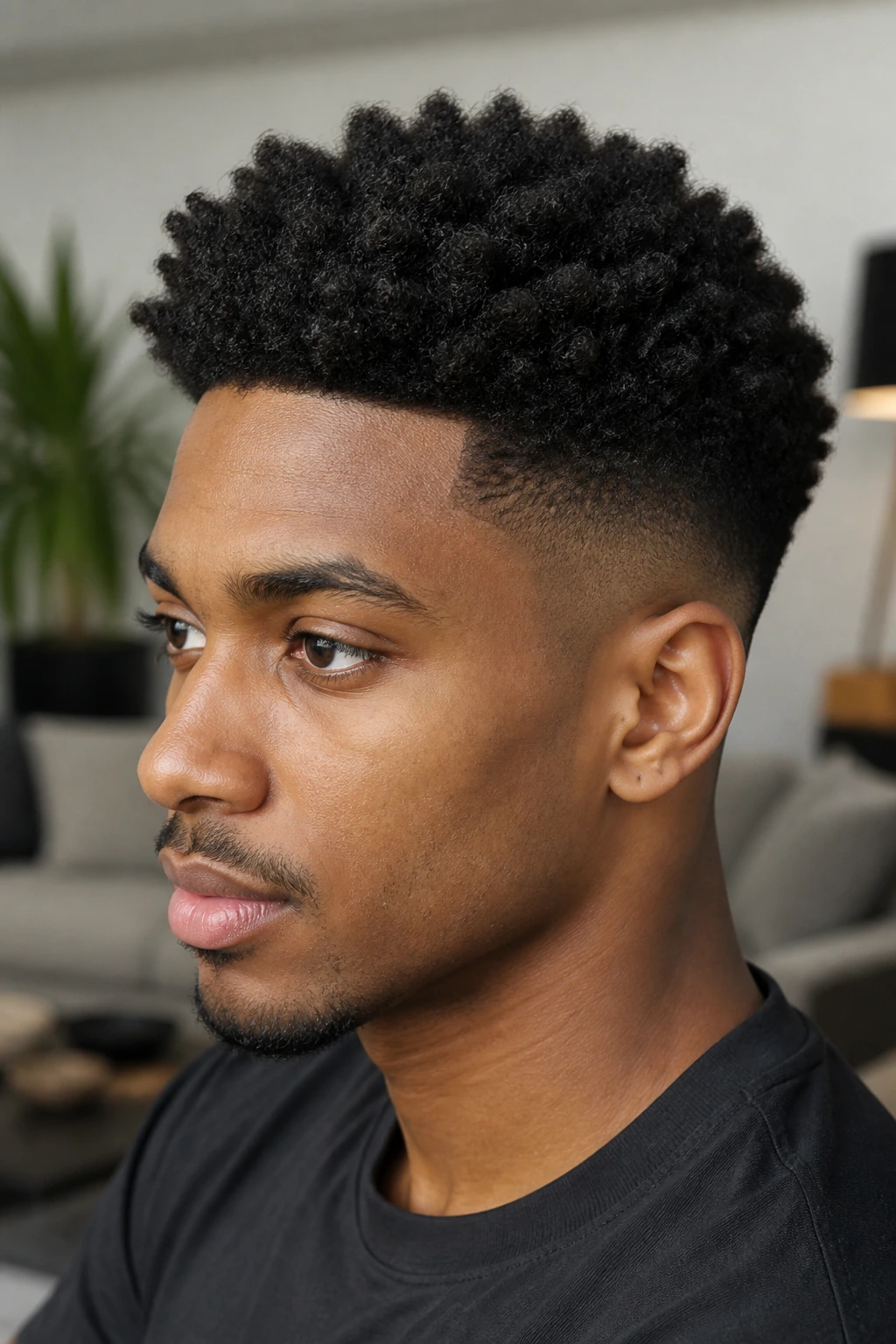 Close-up portrait of a person with a coil crown and tapered sides.