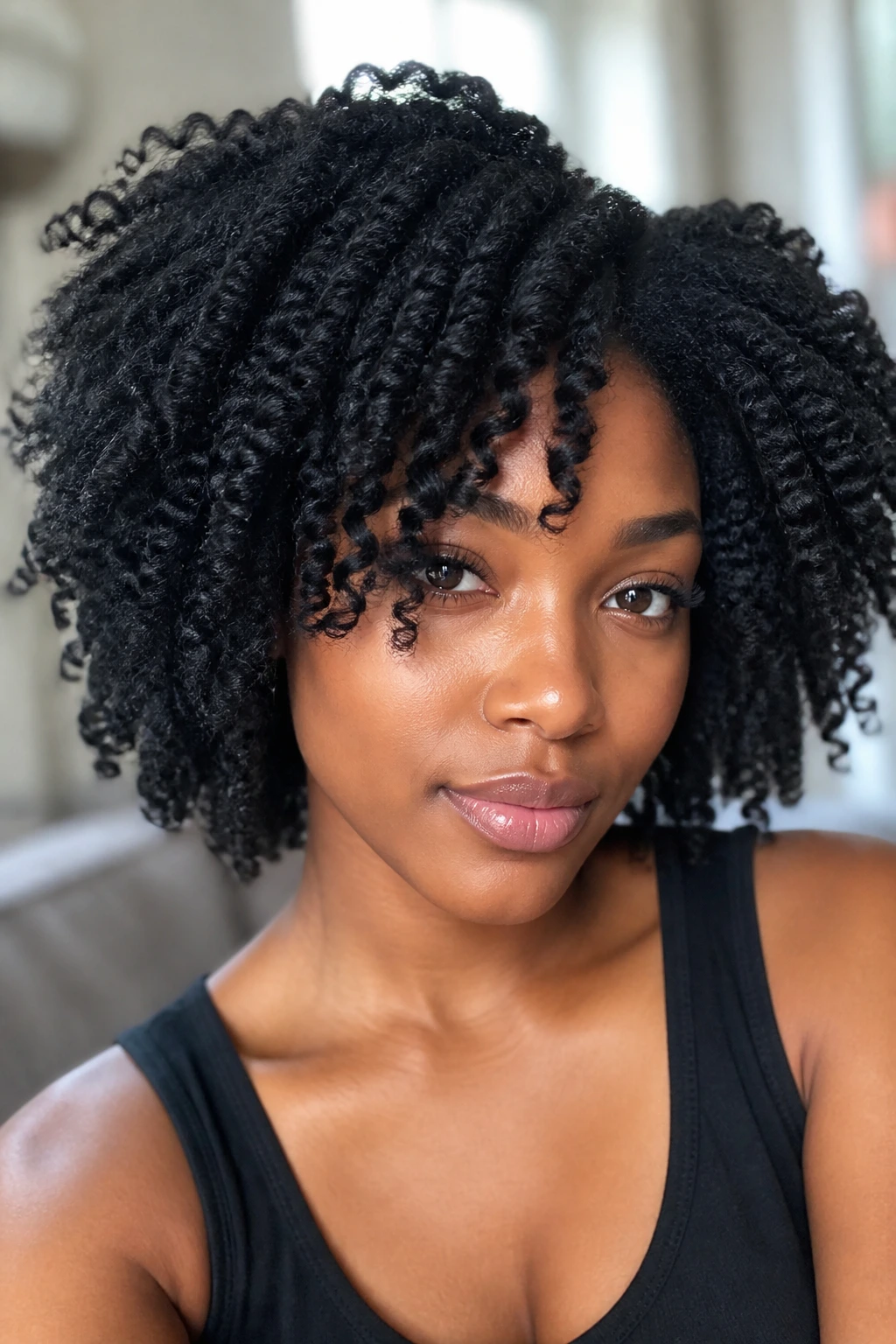 Close-up portrait of a real Black woman with coily hair showcasing a twist-out hairstyle
